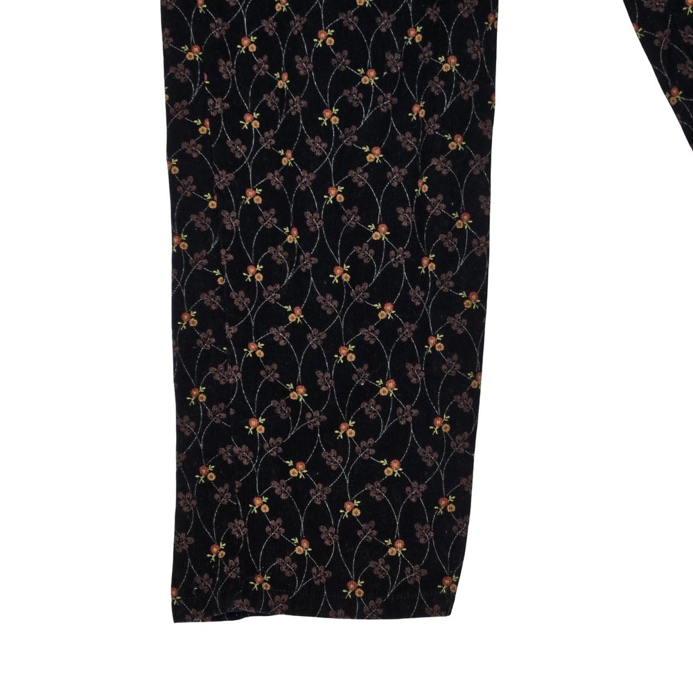 FLAX Black Floral Corduroy Pants Cotton Straight Leg Small Cottage Granny Core - Picture 4 of 6